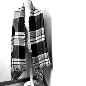 Express Large Plaid/Checkered Black & White Fringed Wrap/Scarf.